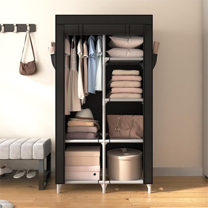 ROJASOP Portable Closet Wardrobe Closet for Hanging Clothes with 6 Storage Shelves, 1 Hanging Rod and 4 Pockets, Free Standing Closet Clothes Organizer for Bedroom, Sturdy and Easy Assemble