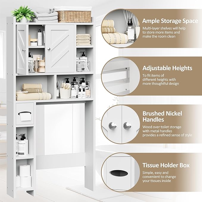 Meilocar Over the Toilet Storage Cabinet, Freestanding Storage Cabinet Over Toilet, Bathroom Storages Organizer Cabinets with Toilet Paper Holder Stand and Adjustable Shelf, White