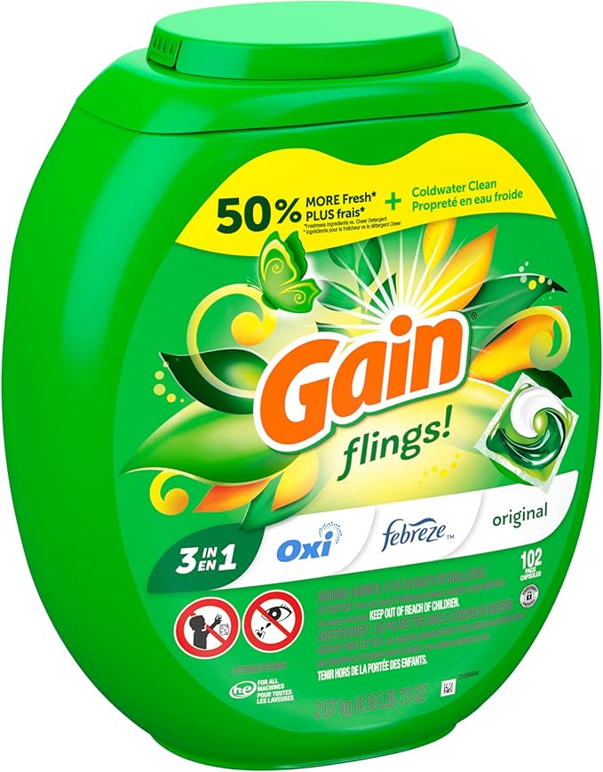 Gain Flings Laundry Detergent Pacs, 102 Count, Original Scent, with Odor Defense, concentrated laundry soap pacs