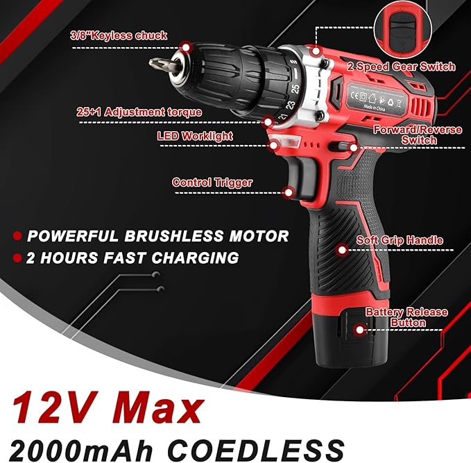 TLGREEN Complete Home Tool Kit with 12V Cordless Drill & Magnetic Bits | 138Pcs All-in-One Set for DIY, Repairs & Assembly | Durable Case & Fast Charging | Ideal for New Homeowners | Red