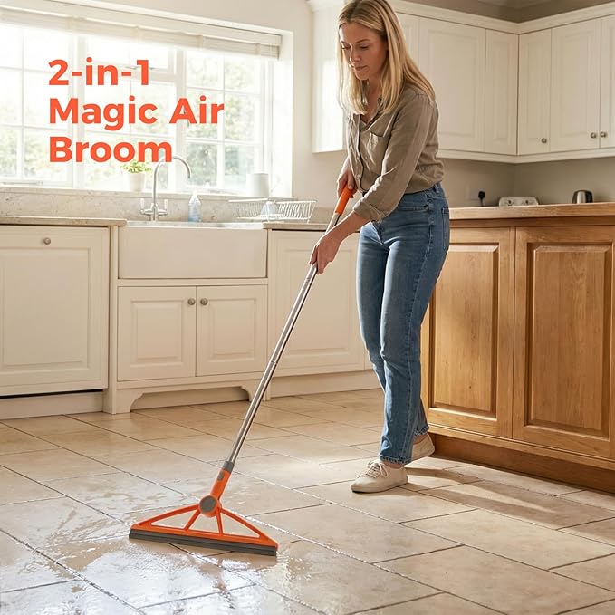 2-in-1 Air Broom, 180° Rotating 54 Inch Adjustable Silicone Rubber Broom Includes 2 Scraping Strips, Sweep and Silicone Tools with Long Handle for Cleaning Bathrooms,Glass,Tiles,Pet Hair