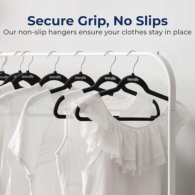 SereneLife 150 Pack Velvet Hangers - Non-Slip Felt Hangers with 360° Swivel Hook, Space-Saving, Ultra-Thin, Lightweight for Shirts, Sweaters, Hoodies, Kids Clothes & Dresses (Black)