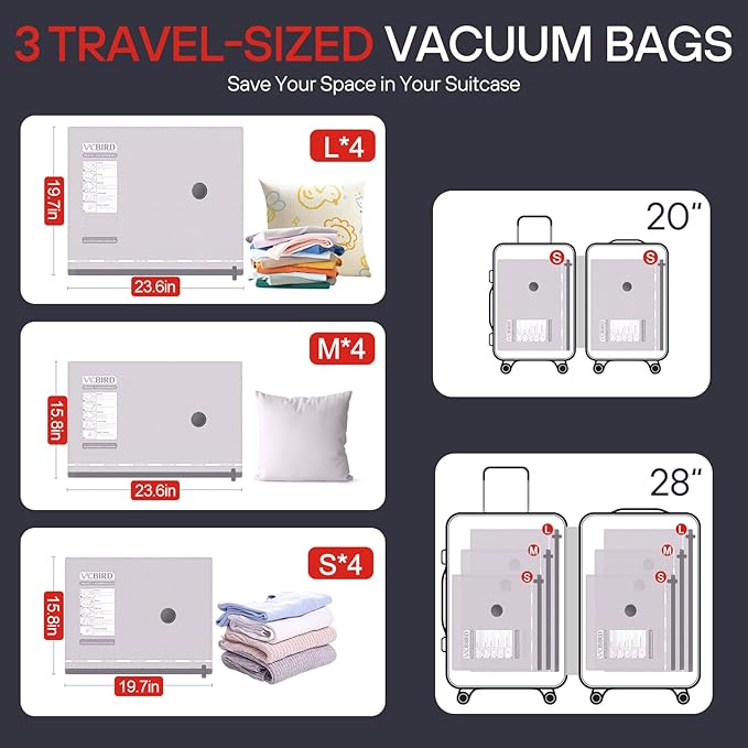 VMstr 12-Pack Vacuum Bags for Travel, Vacuum Seal Compression Bags for Clothing, Carry-On Luggage Space Saver Bags with Plug-in Electric Pump