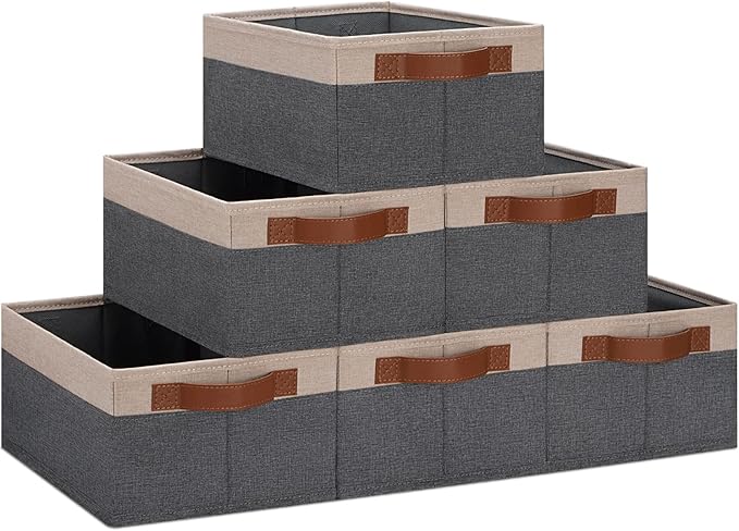GhvyenntteS Small Fabric Storage Bins 6 Pack, 11.8" x 7.87" x 5.11" Storage Basket with Leather Handles, Closet Storage Bins for Shelves, Storage Baskets for Shelves, DVD Storage (Grey/Beige Yellow)