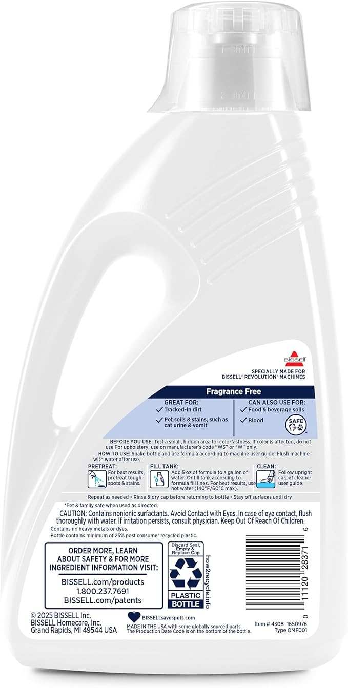 Bissell Free & Clear OXY Carpet Deep Clean Solution, for use in leading upright carpet cleaners, 60oz, Same powerful clean, gentle for families, Hypoallergenic formulation without dyes or fragrance