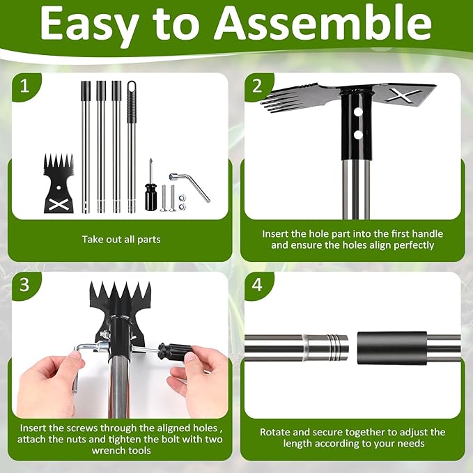 Weed Puller Tool with Long Handle - Adjustable Length Manual Weeder Remover Tool, 2 in 1 Hand Weed Rake and Garden Hoe for Gardening, Uprooting Weeding Tool for Yard, Lawn, Patio, Garden