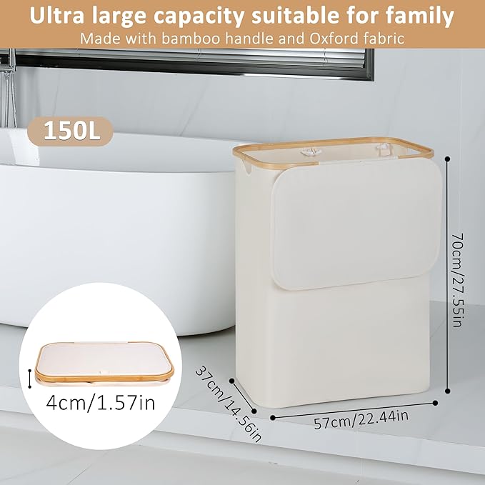 iEGrow 150L Laundry Basket with Lid, Large Laundry Hamper with Bamboo Handle, Collapsible Dirty Clothes Hamper Organizer with 2 Removable Inner Bags for Clothes Toys Towels - Beige