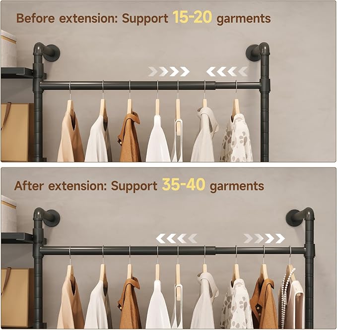 T1 Wall Mounted Closet System, Industrial Pipe Clothing Rack with 6 Wooden Shelves & 4 Telescopic Rods, Heavy Duty Closet Organizers and Storage in Wardrobe Closet (Black)