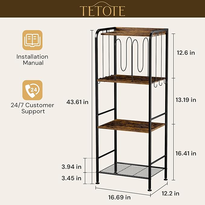 TETOTE 4-Tier Towel Rack, M-Shaped Detachable Dividers Towel Shelf with Hooks for Bathroom, Free Standing Pool Towel Holder Space-Saving Organizer, Rustic