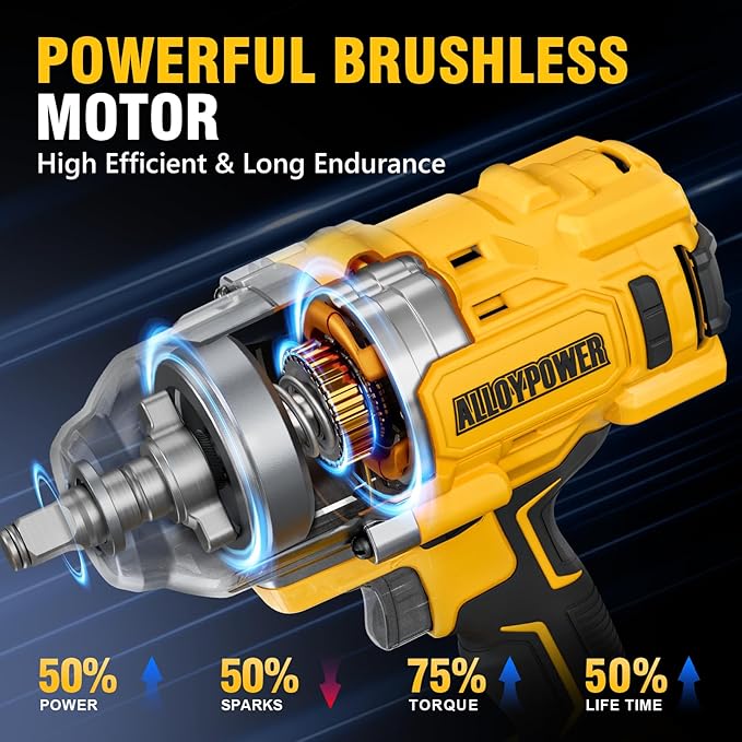 ALLOYPOWER Cordless Brushless Impact Wrench, 1475 ft-lbs (2000N.m), 1/2 High Torque power impact gun, 3-Mode Speed, 2*4000mAh Battery, 3 Sockets, Electric Impact Wrench Set for Car Tire Truck RV Mower