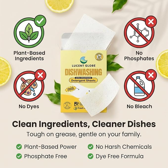 Lucent Globe Dishwasher Dishwashing Detergent Sheets, Dish Soap & Dishwasher Tablets Alternative. Plant-Based, Eco-Friendly, Fully Biodegradable, Lemon Scent (1 Pack of 64 Washes)
