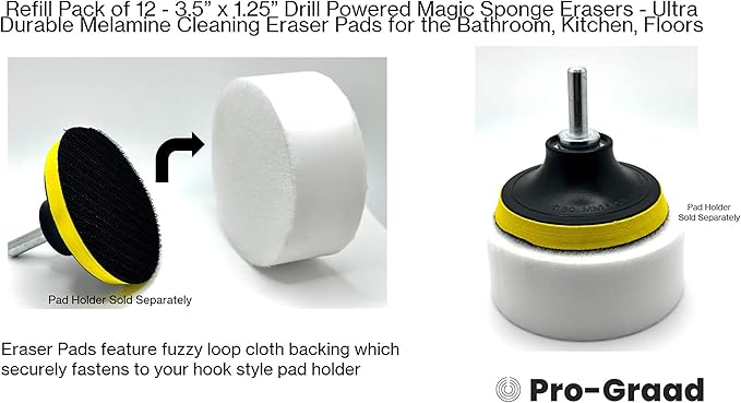 Refill Pack of 12 Drill Powered 3.5” Magic Sponge Erasers | Compatible with RotoEraser | 25% Thicker Ultra Durable Melamine Cleaning Eraser Pads for Bathroom Kitchen Floors | Round 3.5" x 1.25" Thick