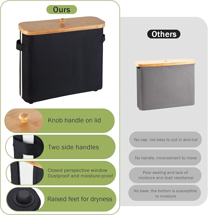 Bathroom Toilet Paper Storage Basket with Lid and Handle， Bamboo Collapsible Toilet Paper Holder Storage with Non-Slip Bottom ,Extra Toilet Roll Storage, Black
