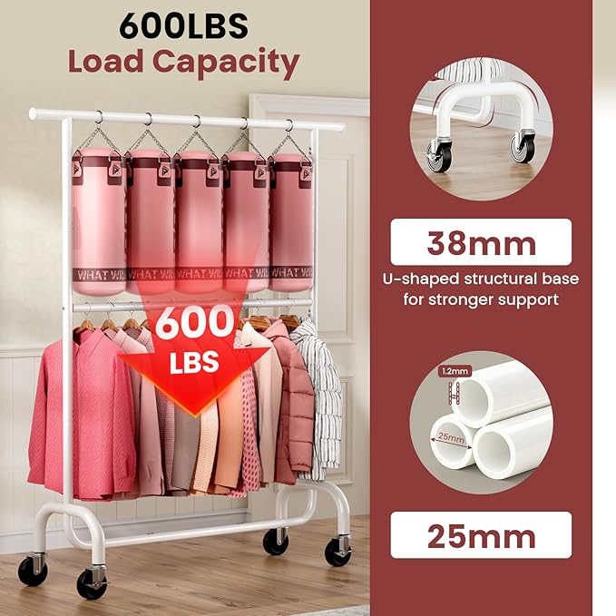 Heavy Duty Clothes Rack, 78.35" Rolling Clothing Rack for Hanging Clothes with Lockable Wheels, 6-Level Adjustable Double Rod Garment Rack for Bedroom, Laundry, Clothing Store, White