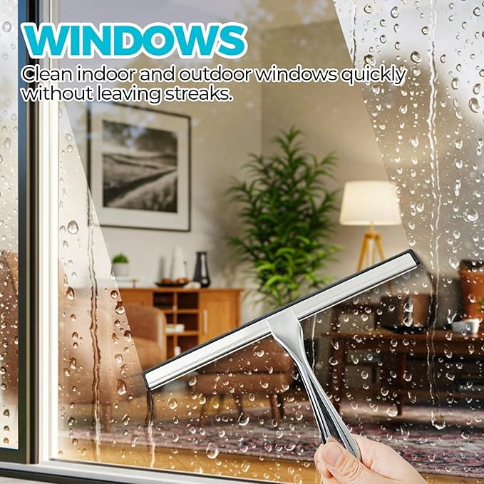 2PACK 11.5-Inch All-Purpose Shower Squeegee for Shower Doors, Tile Shower Walls, Bathroom, Window, Glass and Car Windshield, Mirrors and Kitchen-Stainless Steel, Silver