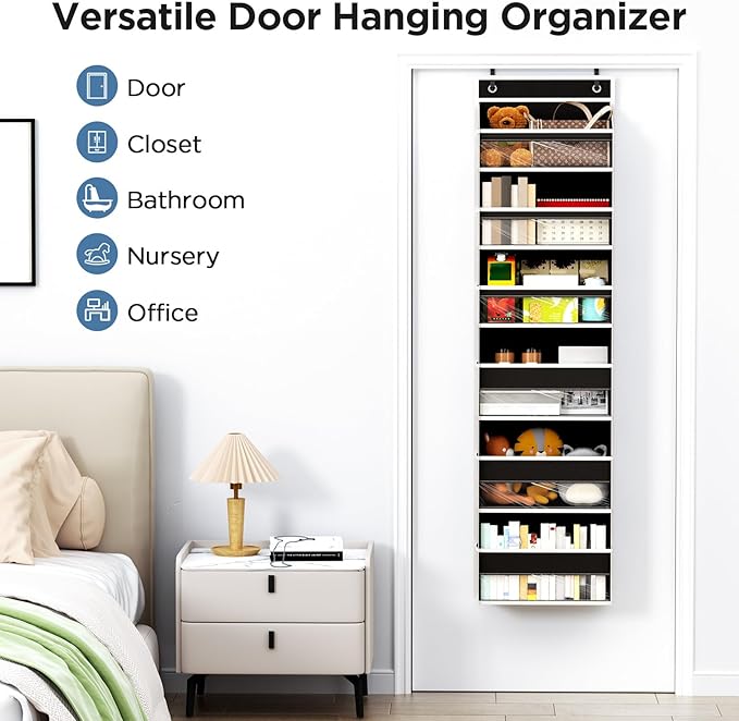 Mefirt Over The Door Organizer, 6 Shelf Door Hanging Organizers with 6 Large Capacity Pockets, Behind Door Storage Hanging Shelves for Closet Wall Bathroom Bedroom Nursery