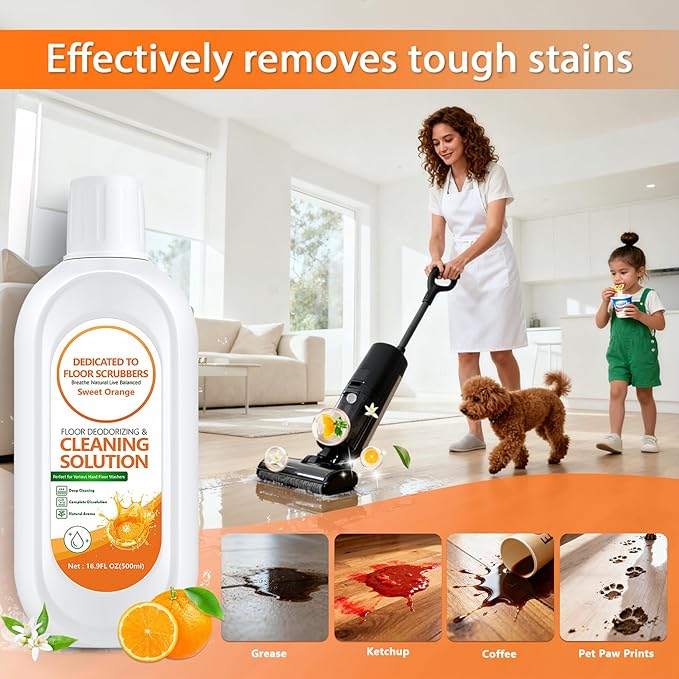Floor Cleaning Solution Compatible with Tineco – Orange Floor Cleaner – Long-Lasting, Subtle Fruit Scent– For All Cordless Wet/Dry Vacuum Mop Cleaner & Robot Vacuums with Mopping (2 Bottle)