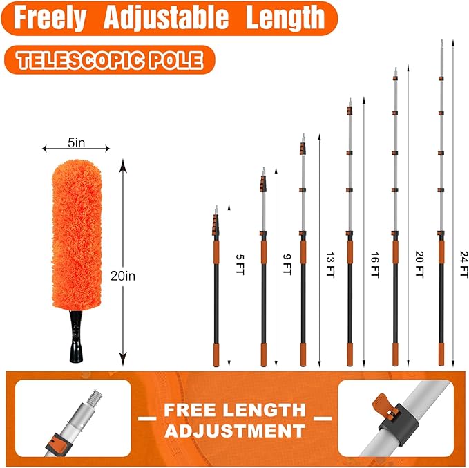 30FT Reach High Ceiling Duster Kit, Window Cleaning kit with 5-24FT Extension Pole, Fan Duster for Ceiling Fan Blades, Microfiber Feather Duster, Rotatable Window Squeegee and Cobweb Duster