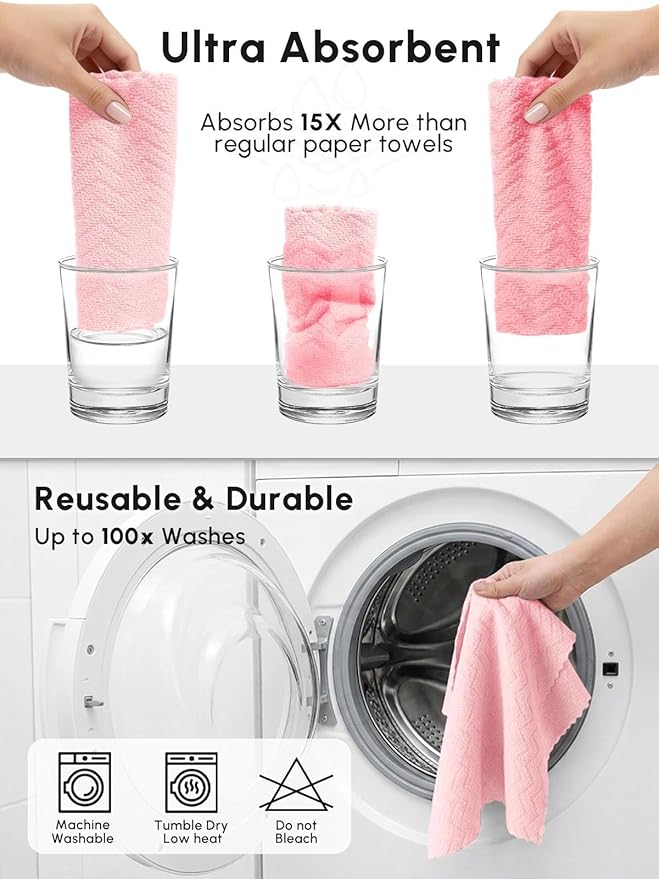 Microfiber Cleaning Cloths Roll, 75 Pack Tear Away Microfiber Towels Roll, 12" x 12" Lint Free Rags, Reusable Cleaning Cloths, Washable, Scratch Free,Ultra Absorbent Dish Rags(Pink Ripple)