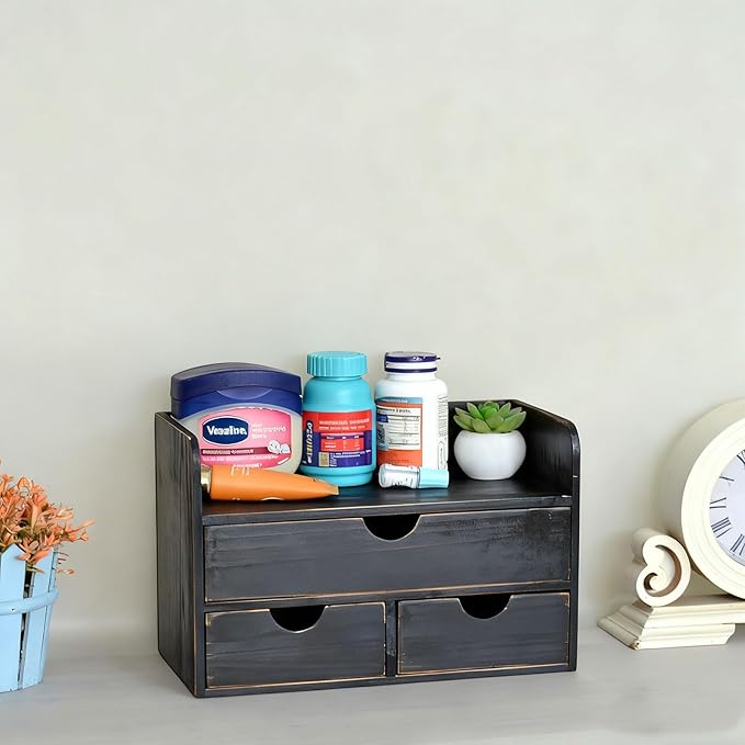 Vintage Rustic Wooden 3 Drawer with Shelf Office Desk Organizer & Mail Rack For Desktop,makeup holder Box for Office Home Toiletries Supplies Vanity, No Assembly Required (Rustic Black)
