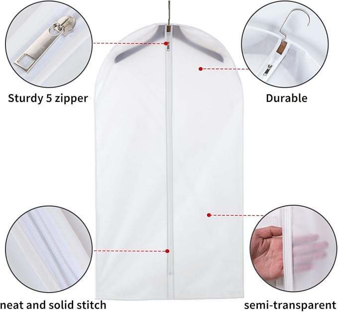 MsKitchen 6 Pack Long Garment Bags (24x60") - Dustproof Gown Covers - Durable PEVA Hanging Bags with Sturdy Zipper for Maxi Dresses, Long Coats & Dance Costumes (Translucent)