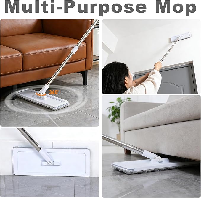 Mop and Bucket Set, 50" Flat Mop and Bucket System for Floor Cleaning, Separate Dirty and Clean Water, 4 Microfiber Pads Included, Wet and Dry Use, for Cleaning All Floor Types and Windows