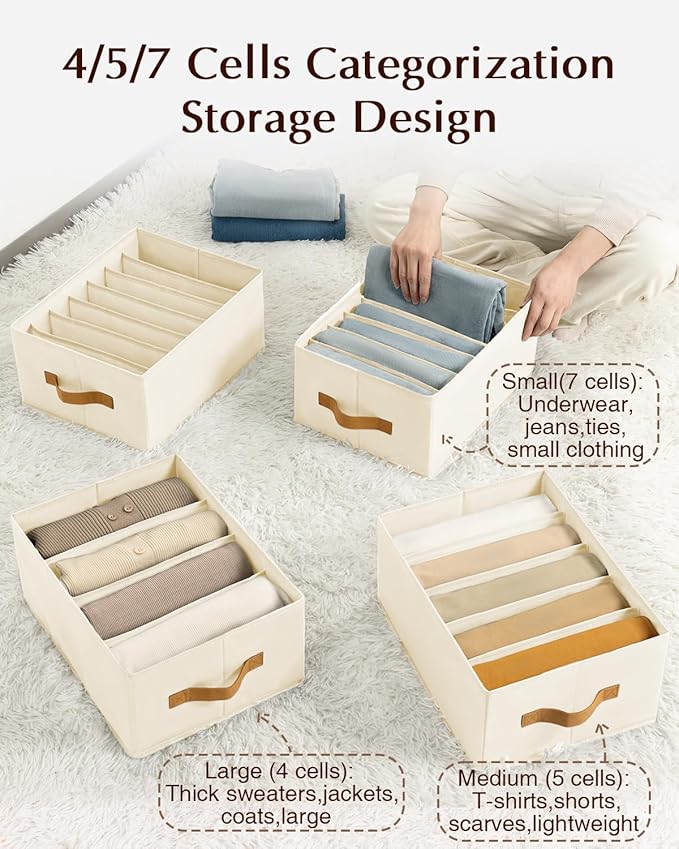 Homsorout Clothes Organizers and Storage - 4/5/7 Grids Fabric Jeans Organizer with Handles, Foldable Closet Organizers Dividers, Wardrobe organizer for Pant, Sweater, T-shirt, Scarf, 6 Pack, Beige