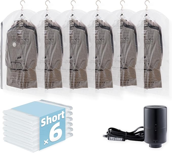 Hanging Vacuum Storage Bags with Electric Pump, 6 Pack (41.3 x27.6 inch), Vacuum Seal Bags for Clothing, Garment Storage for Short Jacket, Suits, Dresses, Closet Organizer Space Saving
