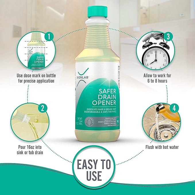 XionLab Safer, Greener Drain Clog Remover – Industrial-Strength Liquid Drain Cleaner for Hair & Grease – Septic Safe, Odorless, Biodegradable for Bathroom Sink, Bath Tub, & Shower Drain – 32 oz