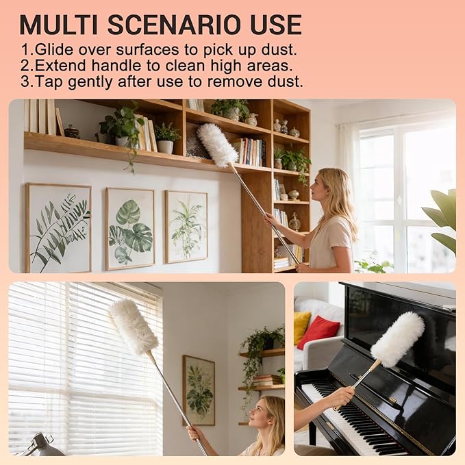 Lambswool Duster Extendable 22–55 Inch Natural Wool Duster with Flexible Head for Ceilings Furniture Blinds Electronics Washable Reusable White