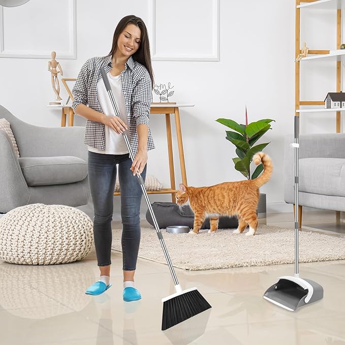 NACENA Broom and Dustpan Set, 52-in Long Adjustable Handle Broom Dustpan Combo with Dustpan Teeth to Automatically Clean Hair Suitable for Home Kitchen Office Hall Floor (Grey&White), 2 Pack