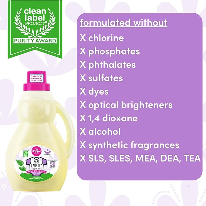 Dapple Baby Laundry Detergent, Powered by Plants, Concentrated, Hypoallergenic, Lavender, Stain Remover, 50 Fl Oz (2 Pack)