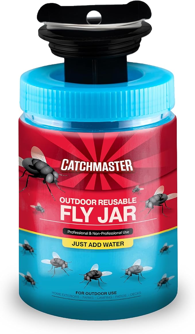 Catchmaster Outdoor Reusable Fly Traps Outdoor with Food-Based Lure Included – 1 Pesticide-Free Hanging Fly Jar – Bug Catchers for Yard, Patio & Trash – Sets Up in Seconds