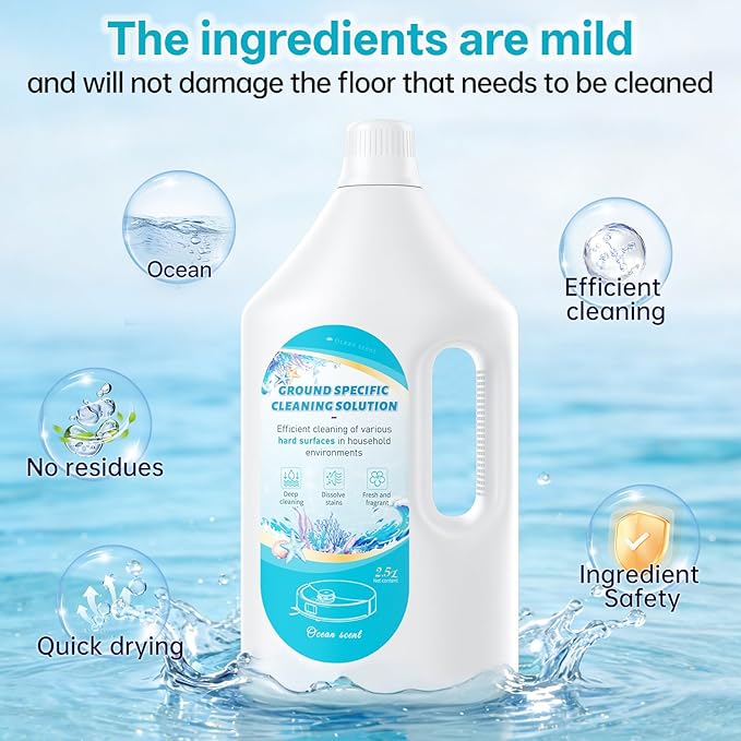 Floor Cleaning Solution Ocean Scent, Compatible with Roborock Cleaning Solution Quick Drying Without Residue Suitable for All Robot Vacuums and Wet Dry Dual-Use Vacuum Cleaners (2.5 L, Ocean)