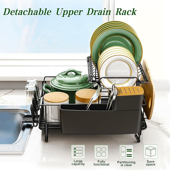Runnatal 2-Tier Dish Drying Rack with Drainboard Set, Stainless Steel Detachable 2-in-1 Large-Capacity 2-Tier Over The Sink Anti-Rust Dish Rack and Dish Drainer for All Kitchen