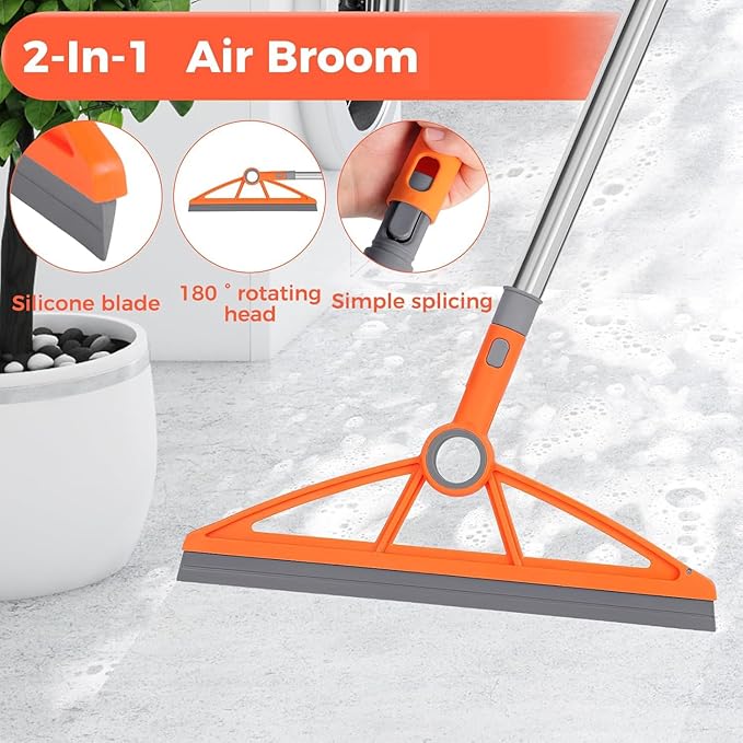 2-in-1 Air Broom, 180° Rotating 54 Inch Adjustable Silicone Rubber Broom Includes 2 Scraping Strips, Sweep and Silicone Tools with Long Handle for Cleaning Bathrooms,Glass,Tiles,Pet Hair