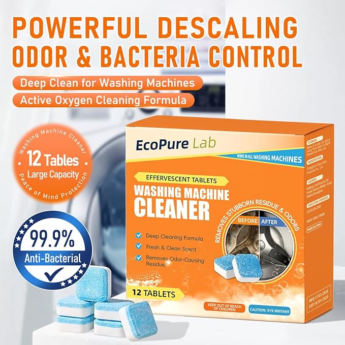 Washing Machine Cleaner Tablets 12 Pack, Deep Removes Residue, Grime and Odors,Washer Machine Cleaner for Front and Top Loader Washer Machines,6 Month Supply (1 PACK)