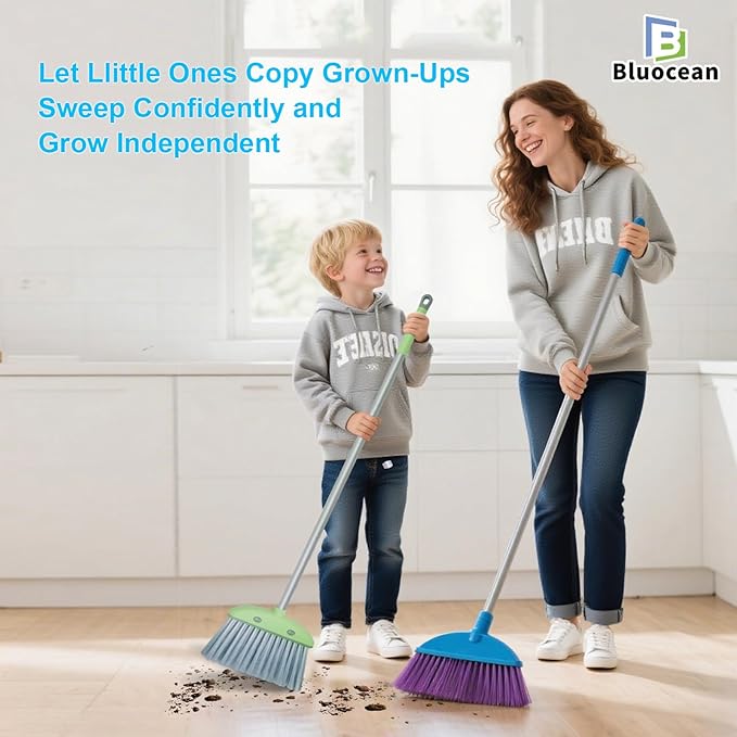 28'' Kids Mini Broom and Dustpan Set - Toddler Cleaning Toy, Toddler Household Helper, Parent-Child Interactive Play Cleaning Tool, Cute Cartoon Design, Small Safe Corner Broom (Green)