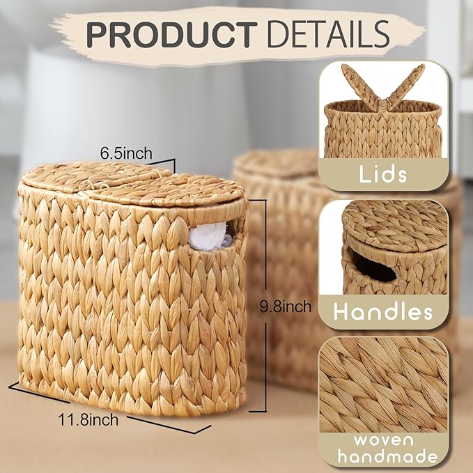 ELONG HOME Toilet Paper Basket with Lid, Water Hyacinth Wicker Toilet Paper Storage Holder for 4 Rolls, Toilet Paper Storage for Bathroom