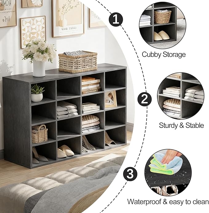 Garden 4 you Shoe Storage Bench, Cubby Shoe Rack with 16 Cubbies, 4-Tier Wood Shoe Rack Organizer, Shoe Organizer Cabinet for Entryway, Hallway, Closet and Garage, Black