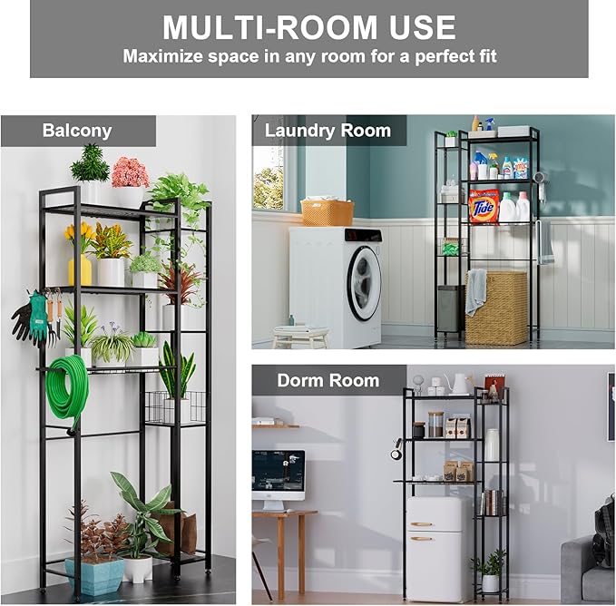 Over The Toilet Storage with Wooden Shelves and Side Rack, 7-Tier Black Over Toilet Bathroom Organizer Freestanding Storage Shelf for Toilet Paper, Towels, Toiletries, 31.5" Wide