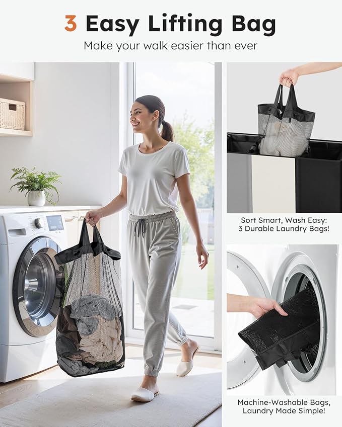 SOLEDI Laundry Hamper 3 section with lid and 3 Pcs Bag, Large Hamper 3 compartment 180L, Laundry Basket Laundry sorter Clothes hamper for Laundryroom Bedroom Blanket Storage Organizer