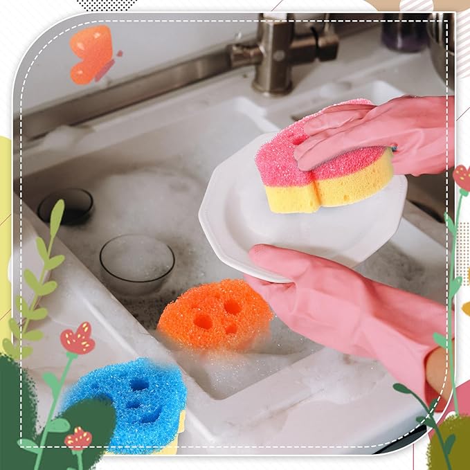 3 Pcs Dual Sided Scrub Sponge Multi Functional Cute Temperature Sensitive Non Scratch Dish Sponge for Washing Dishes Kitchen Bathroom(Dog,Pink, Orange, Blue)