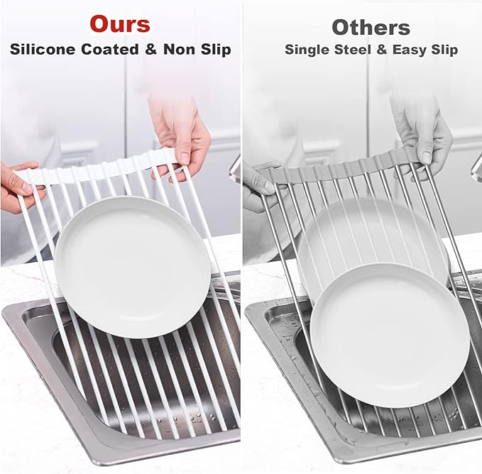 MERRYBOX Roll Up Over The Sink Dish Drying Rack Silicone Wrapped Foldable, Heat-Resistant, Anti-Slip Sink Rack Multipurpose Dish Drainer for Kitchen Sink Counter - White, 17.5" x 11"