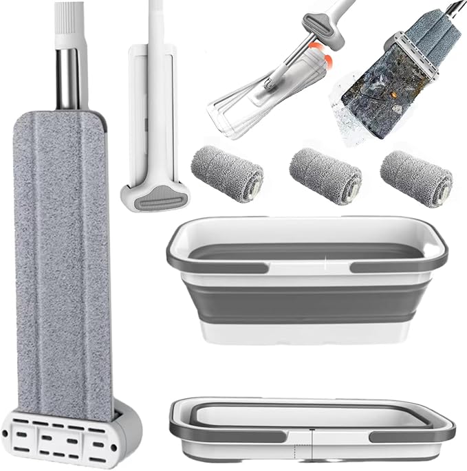 Large Flat Mop and Scalable Bucket with Wheels，360° Rotating Microfiber Dust ，Mop with Dewatering Scraper，54" Adjustable Stainless Steel (1 Mop + 4 Microfiber Pads + 1 Bucket)