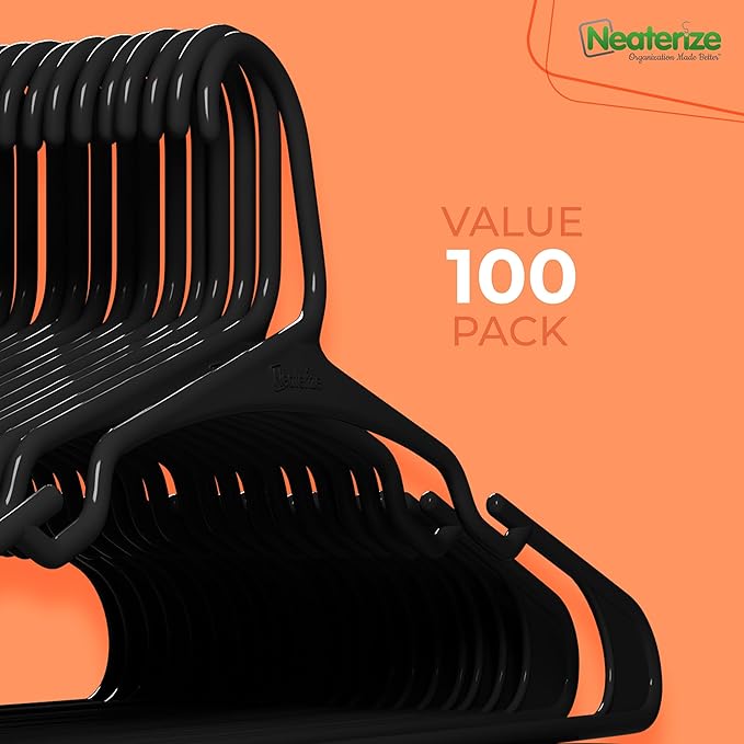 NEATERIZE Clothes Hangers Plastic 100 Pack for Adults - Plastic Hangers, The Perfect Coat Hanger and Space Saving Clothes Hangers for Closet - Black Hangers