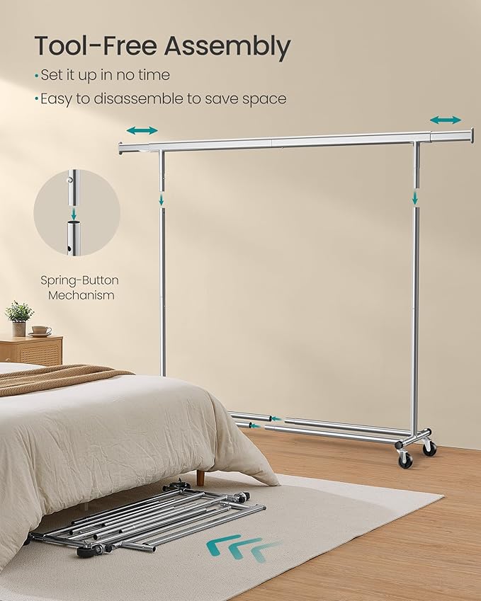 SONGMICS Cabideiro com Rodas, Suporte Resistente para Roupas, Arara Portátil com Barra Extensível, Capacidade de Carga 150 kg, Prata BRHSR175E01
