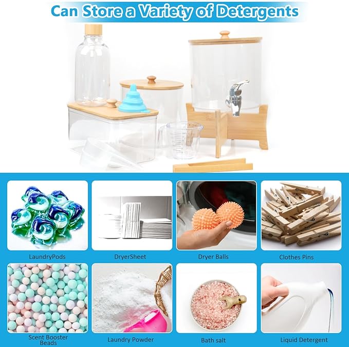Liquid Laundry Detergent Dispenser, 10 Set Laundry Room Organization Laundry Pods Container & Dryer Sheet Holder with Lids & Labels, Fabric Softener Dispenser for Detergent Powder Dryer Balls Beads