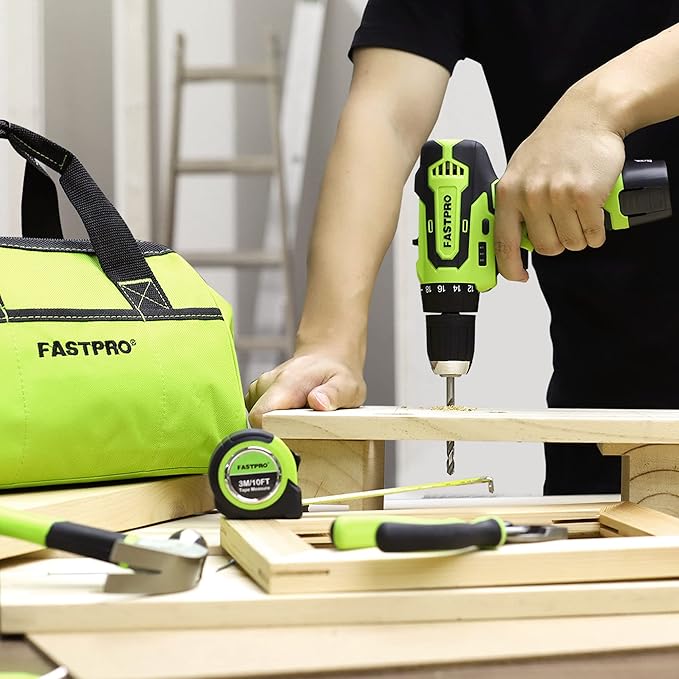 FASTPRO 175-Piece 12V Cordless Drill Set, Drill Driver and Home Tool Kit, House Repairing Tool with 12-Inch Storage Bag, For DIY, Home Maintenance, Green