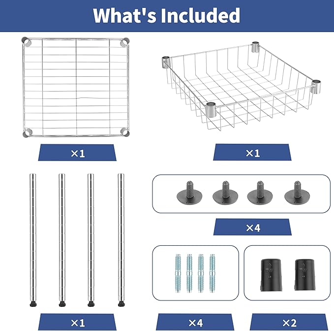 YSSOA 2-Tier Shelving Unit, 15" W x 13.8" D x 15" H Wire Metal Stackable Storage with Basket, Chrome, 2 Pack